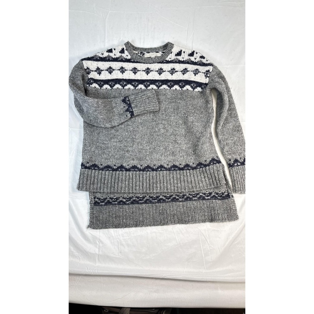 Ann‎ Taylor Loft Sweater Womens Small Gray Fair Isle Tunic Long Hem Wool Blend